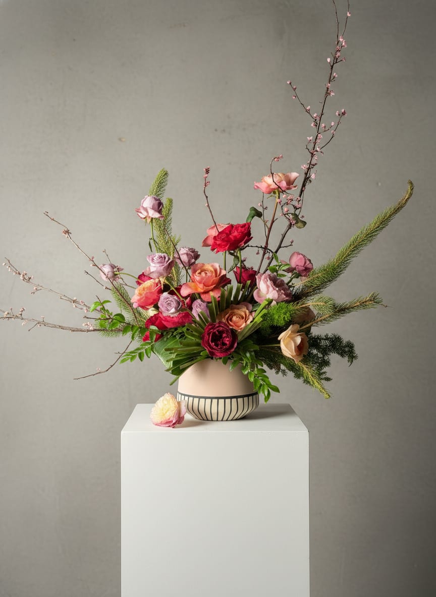 I'd Pick You  - A sculptural, airy arrangement that feels like a handwritten love note - ideal as an anniversary bouquet or a romantic birthday surprise. This flower arrangement features pink, lavender, green, red, and peach blooms arranged in an asymmetrical, modern profile so the person you're thinking of will feel truly seen. It also works beautifully for weddings, Mother's Day, Women's Day, or a thoughtful "thinking of you" delivery.  Clusters of garden roses, roses, spray roses, ranunculus and lush hydrangea sit low and radiate outward, while tall, slender flowering branches and feathery green stems extend upward and to the sides for dramatic movement. The flowers are arranged in a rounded ceramic vase with a blush finish and bold vertical black stripes at the base, giving a graphic, contemporary contrast to the romantic palette. One bloom tucked at the vase's base reinforces the casual, artistic vibe.  Send this to mark anniversaries, birthdays, Valentine's Day, or to say you're thinking of her - it's the kind of bouquet that makes someone feel celebrated and cherished. Vase-arranged for easy enjoyment; replace vase water every 2-3 days, trim stems slightly when refreshing water, and keep out of direct sunlight to extend vase life.