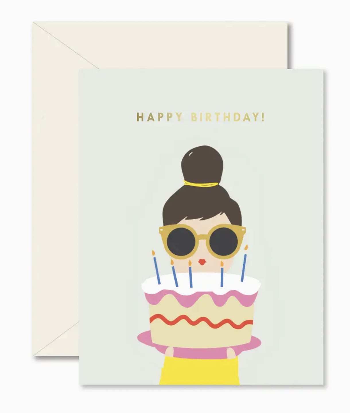 Birthday card with a cartoon woman holding a cake