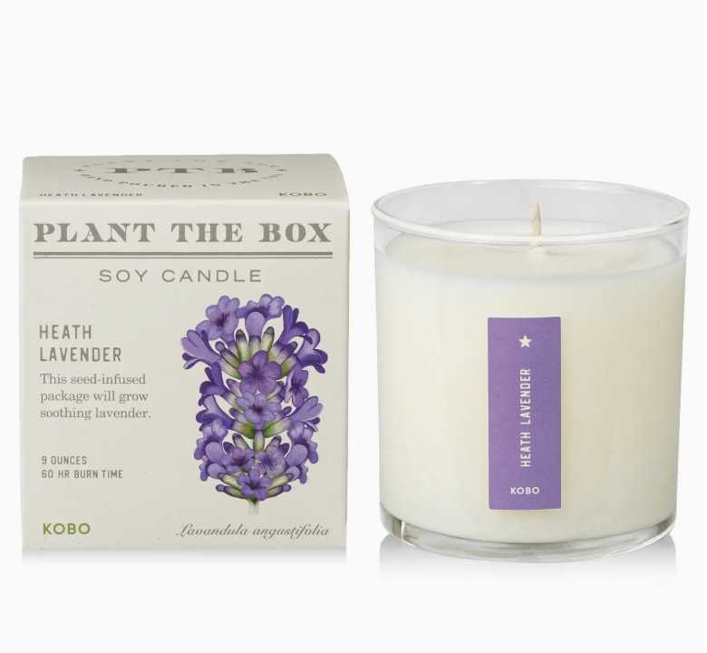 Heath Lavender - Plant the Box Candle - 9oz. - The simple, classic and unmistakable aroma of fresh lavender flowers. Crisp, herbaceous and slightly sweet.  KOBO Candles creates luxurious and expressive scented candles, diffusers and other home products. Their signature candles are hand-poured and assembled in Chicago, all under one roof. They use sustainably sourced, 100% pure soy wax. A family-owned and operated business, they only supply our customers with the highest-quality products they would use in their homes.