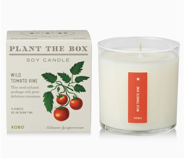 Wild Tomato Vine - Plant the Box Candle - 9oz. - Ripe, succulent tomato amid an herbaceous accord of wild clover, fresh herbs and leafy greens creating a picked-fresh-from-the-vine fragrant experience.  KOBO Candles creates luxurious and expressive scented candles, diffusers and other home products. Their signature candles are hand-poured and assembled in Chicago, all under one roof. They use sustainably sourced, 100% pure soy wax. A family-owned and operated business, they only supply our customers with the highest-quality products they would use in their homes.