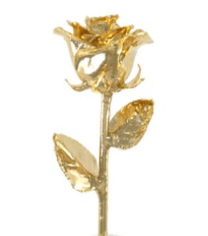 Single gold-colored rose stem with metallic leaves