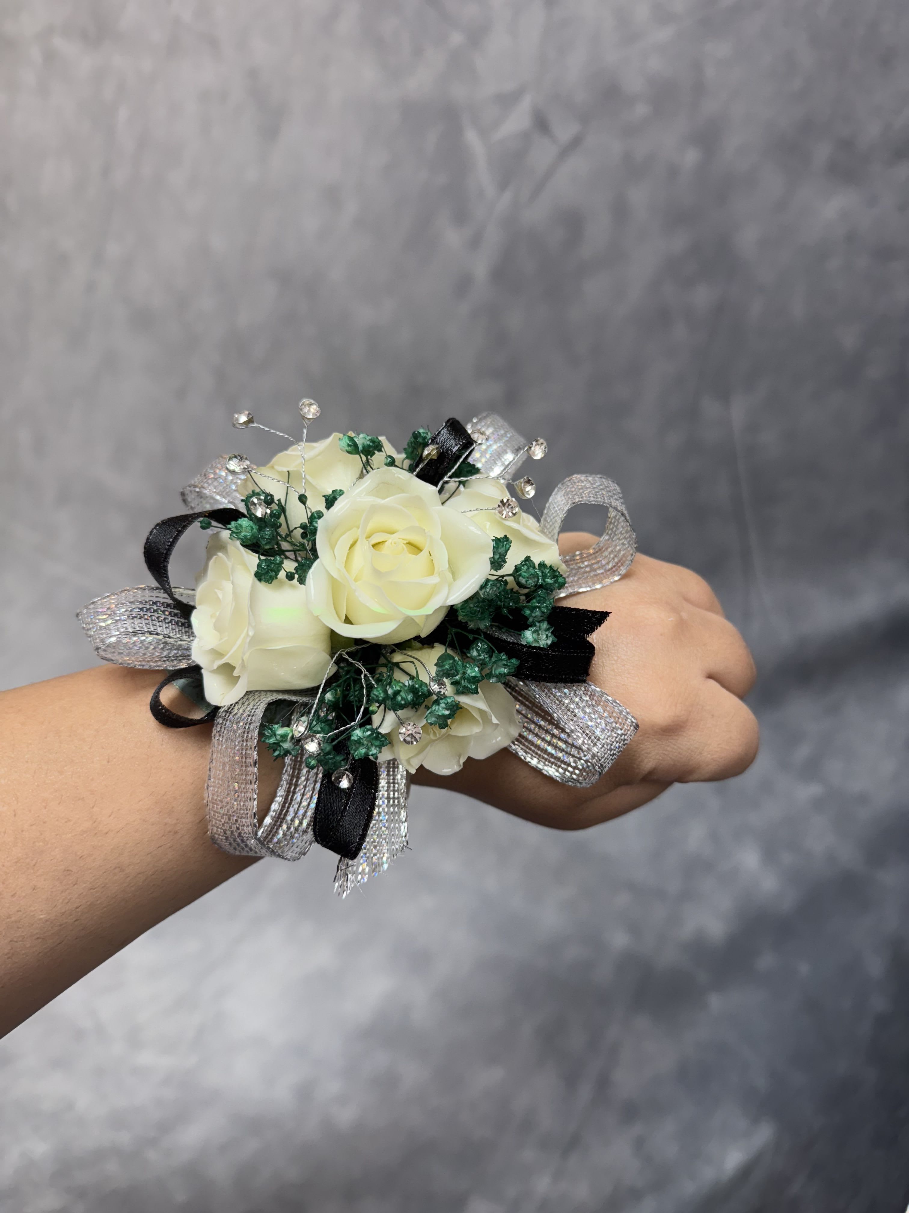  Black Silver Green White Spray Roses Corsage - White spray roses corsage with black and silver ribbon, silver accents , green and pearl bracelet 