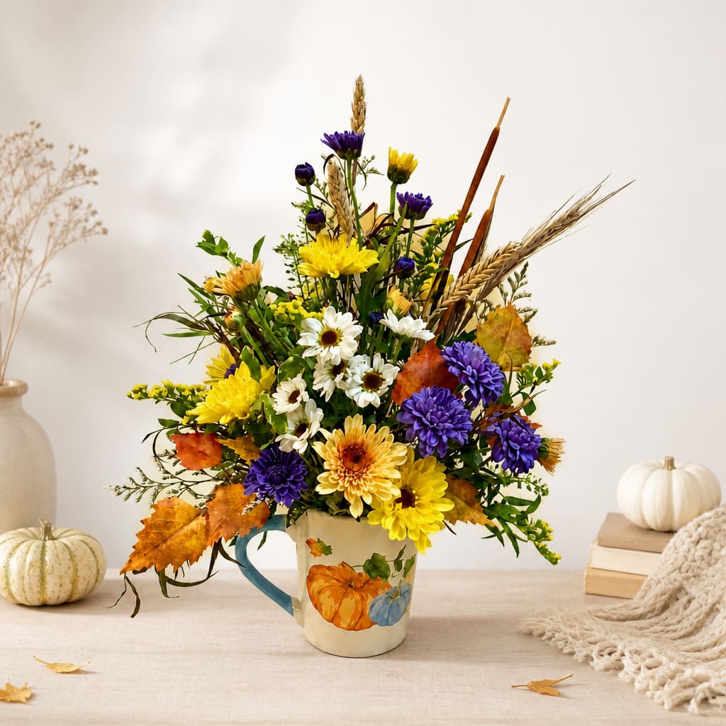 Autumn bouquet in a pumpkin-decorated mug with yellow, purple, and white flowers