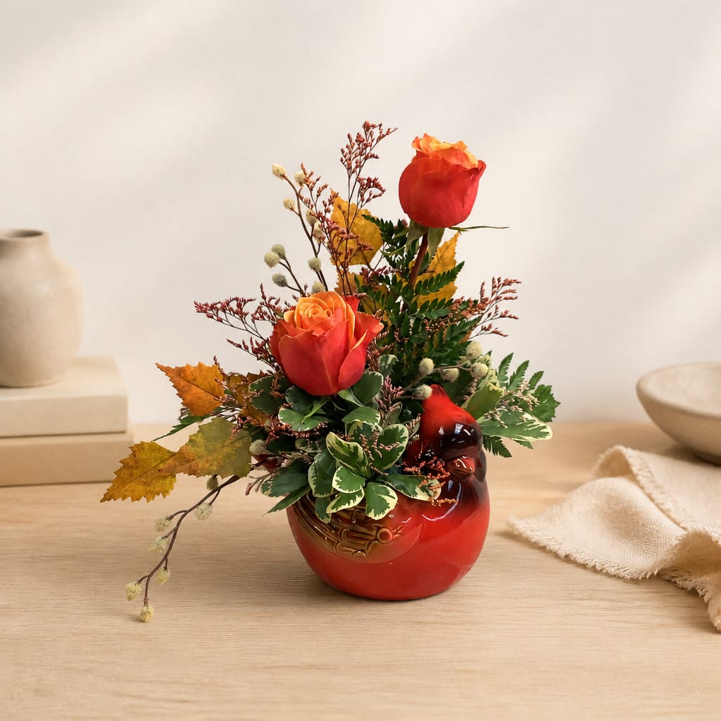 Two red roses in a red ceramic vase with autumn foliage
