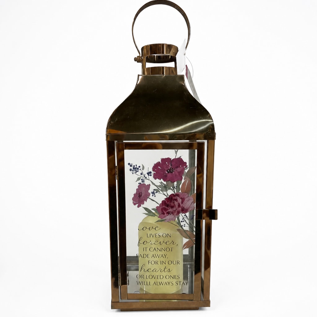Bronze lantern with a floral memorial quote insert