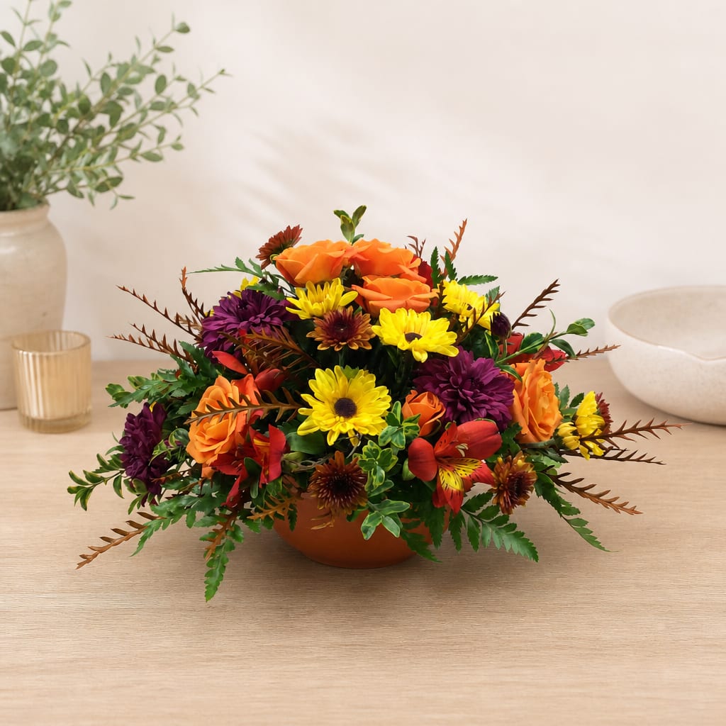 Mixed orange, yellow, and purple flowers in a low bowl arrangement