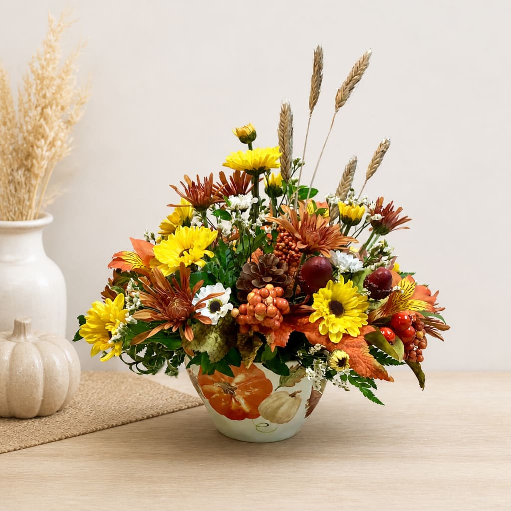 Autumn floral arrangement in a painted ceramic vase with yellow and orange blooms