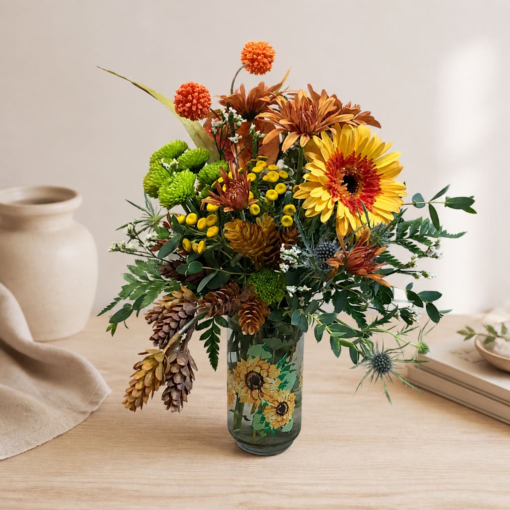 Mixed bouquet in a glass vase with yellow and orange blooms