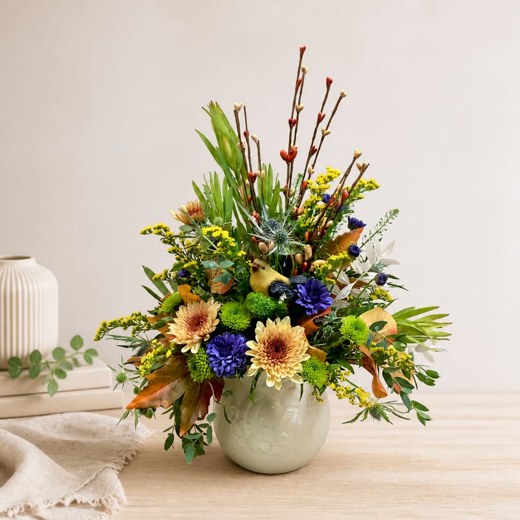 Mixed floral arrangement in a white vase with yellow, purple, and cream blooms