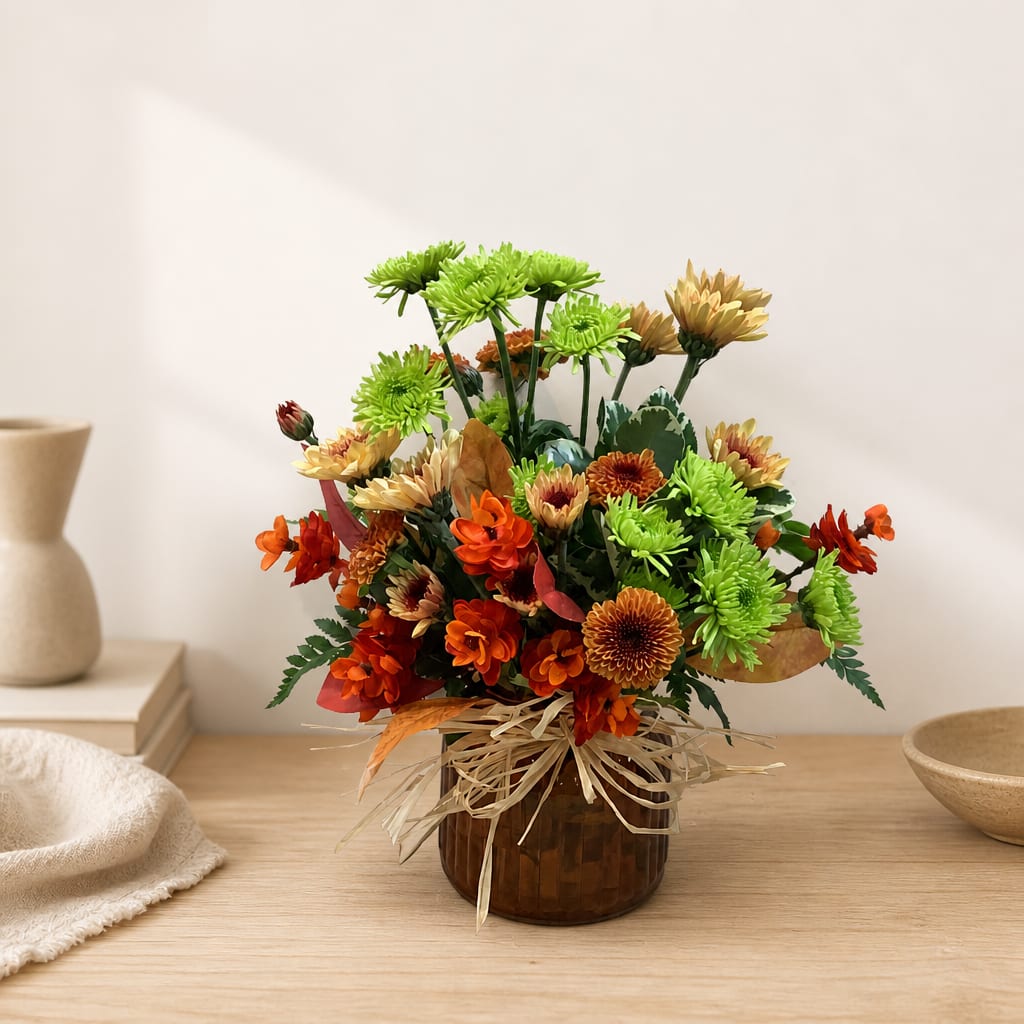 Mixed orange and green flower arrangement in a brown vase