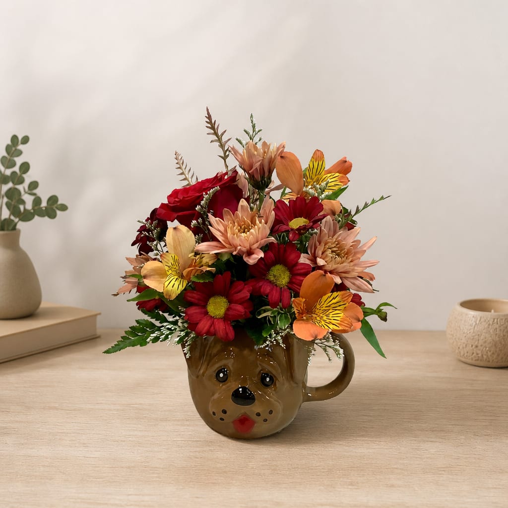 Mixed flower arrangement in a dog-face mug on a tabletop