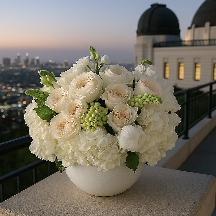 Griffith's Glow - Capture the magic of Los Angeles at night with Griffith’s Glow, a stunning floral arrangement inspired by the iconic views from Griffith Observatory. This elegant design features a dreamy mix of ivory roses, white ranunculus, soft hydrangeas, and delicate snapdragons, artfully arranged in a sleek white ceramic vase.    Perfect for romantic gestures, special occasions, or simply bringing a touch of moonlit elegance into your home or office, Griffith’s Glow evokes the serenity of city lights under a starlit sky.    Whether you’re sending flowers to a loved one or decorating for an upscale event, this arrangement delivers sophistication with a Southern California flair.    Available for same-day flower delivery in Los Angeles, including Glendale, Pasadena, Silver Lake, and North Hollywood.