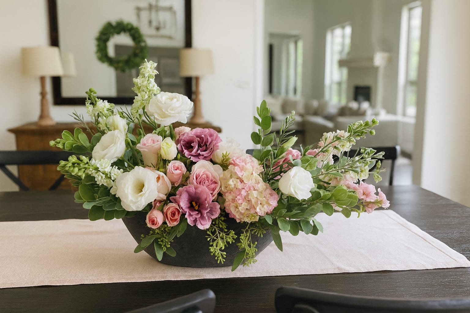 Low floral centerpiece with pink and white blooms in a black bowl vase