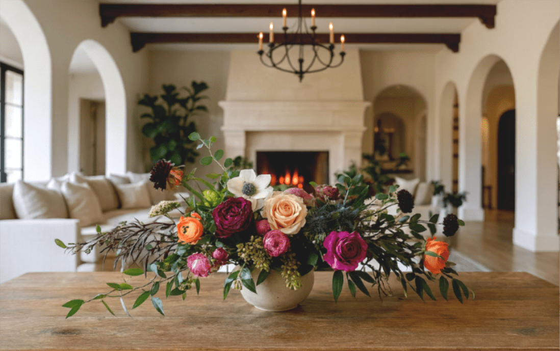 Mixed rose arrangement in a low ceramic vase on a wooden table