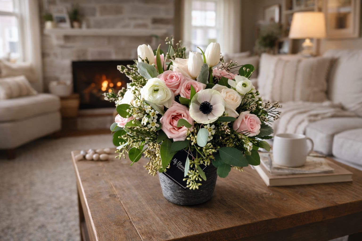 Vivian   - .Our Vivian arrangement is a full traditional style bouquet, but versatile to send to family, friends, and co-workers for all occasions. Dark Clay Vase filled with Roses, Spray Roses, Tulips, Anemone, Veronica's, Wax Flower, and Seeded Eucalyptus. 