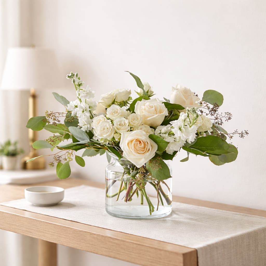 White roses and small white flowers in a clear glass vase