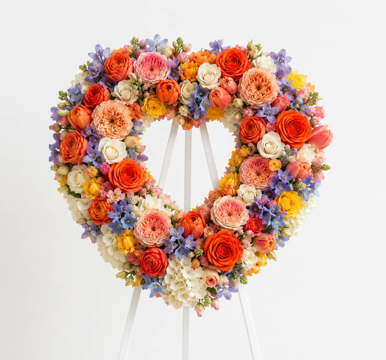 Forever in Bloom Heart Wreath – Colorful Sympathy Flowers | Same-Day Delivery Los Angeles - Celebrate a beautiful life with our Forever in Bloom Heart Wreath, a vibrant expression of love, remembrance, and cherished memories. Designed in the shape of a heart, this uplifting sympathy tribute features radiant coral roses, peach garden roses, soft ivory blooms, delicate lavender flowers, cheerful yellow accents, and lush hydrangeas arranged to create a graceful and comforting display.  This colorful standing heart wreath offers a meaningful way to honor a loved one while bringing warmth, hope, and beauty to memorial services, celebrations of life, funeral homes, churches, and graveside ceremonies. Its garden-inspired palette symbolizes everlasting love and treasured memories that continue to bloom forever.  Handcrafted with premium seasonal flowers, the Forever in Bloom Heart Wreath is thoughtfully created by our expert florists and delivered with care throughout Los Angeles and surrounding communities.  Features Heart-shaped standing sympathy wreath Premium coral roses, peach garden roses, hydrangeas, and seasonal blooms Elegant pastel and vibrant garden color palette Suitable for funerals, memorial services, and celebrations of life Professionally designed on a standing easel  