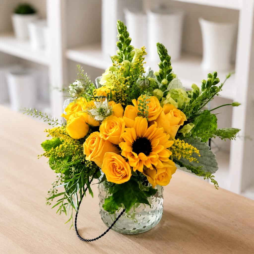 Yellow roses and a sunflower in a clear glass vase
