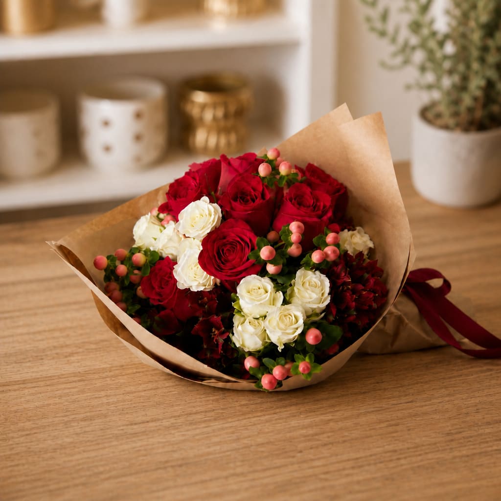 Bouquet of red and white roses wrapped in brown paper