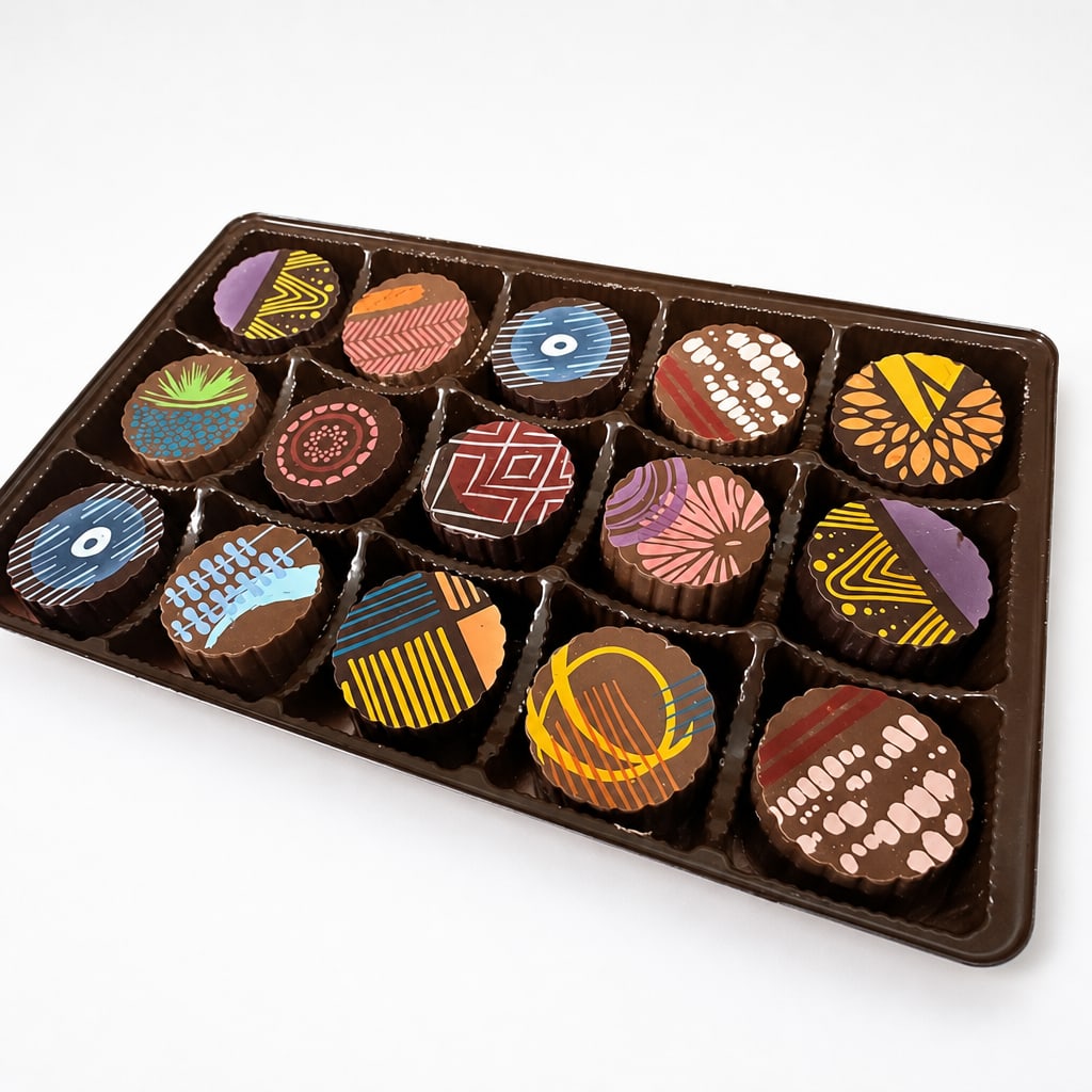 Tray of assorted decorated chocolates in a plastic box
