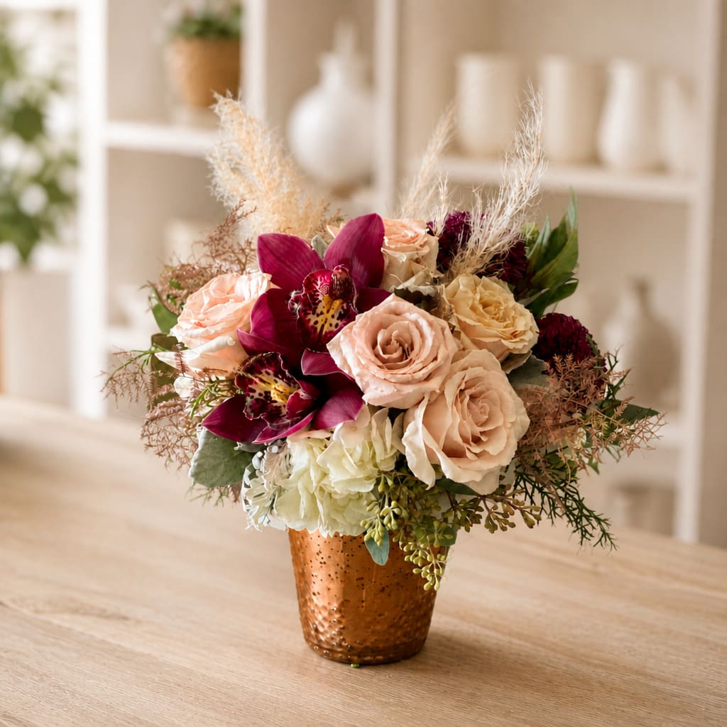 Bouquet of blush roses and deep magenta orchids in a copper vase