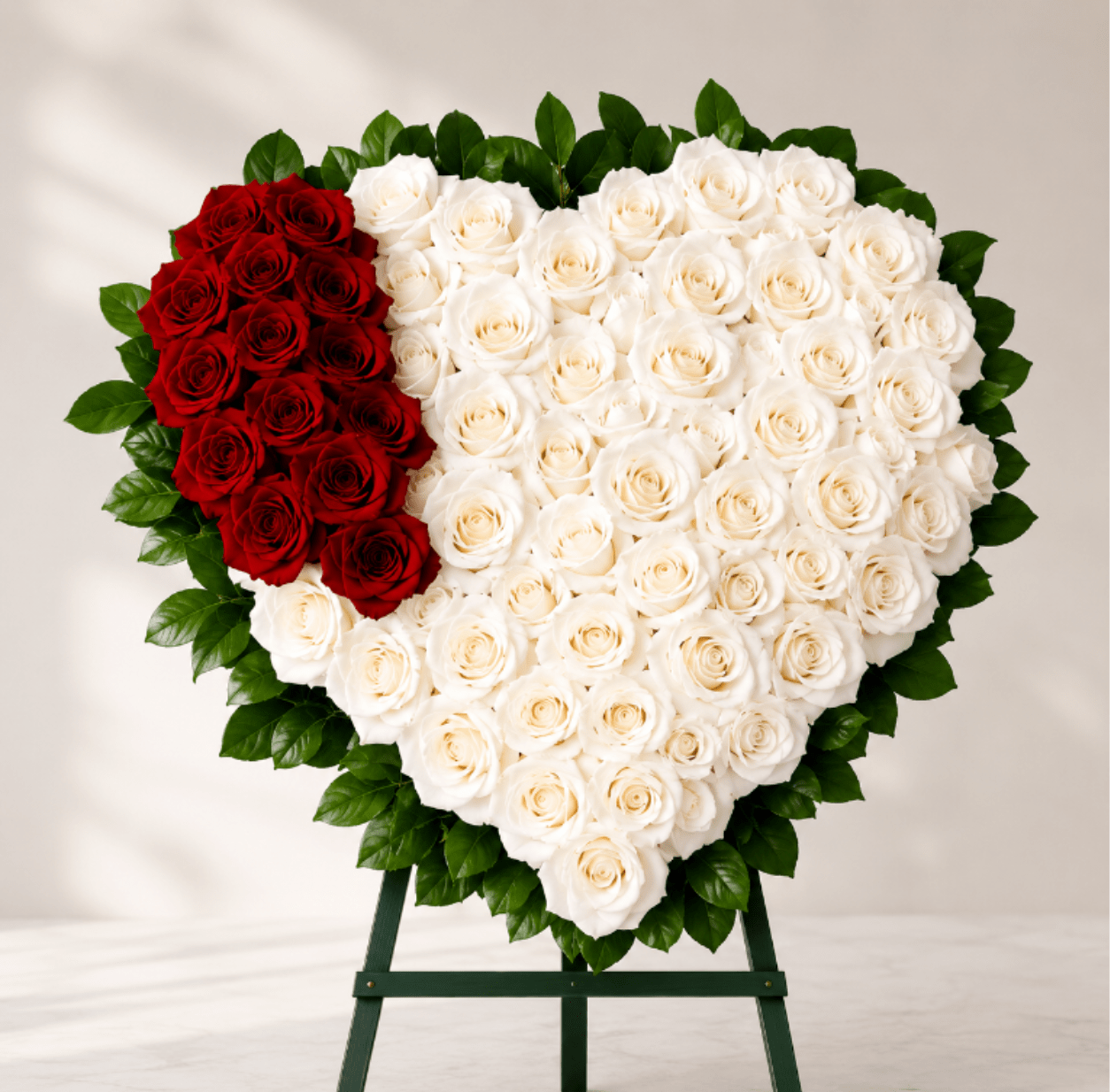 Infinite Love Heart - Small size is approximately 26" X 26" and filled with 50 -52 roses Deluxe is Approximately 30" X 30" and filled with  65-67 roses Picture is Deluxe size.