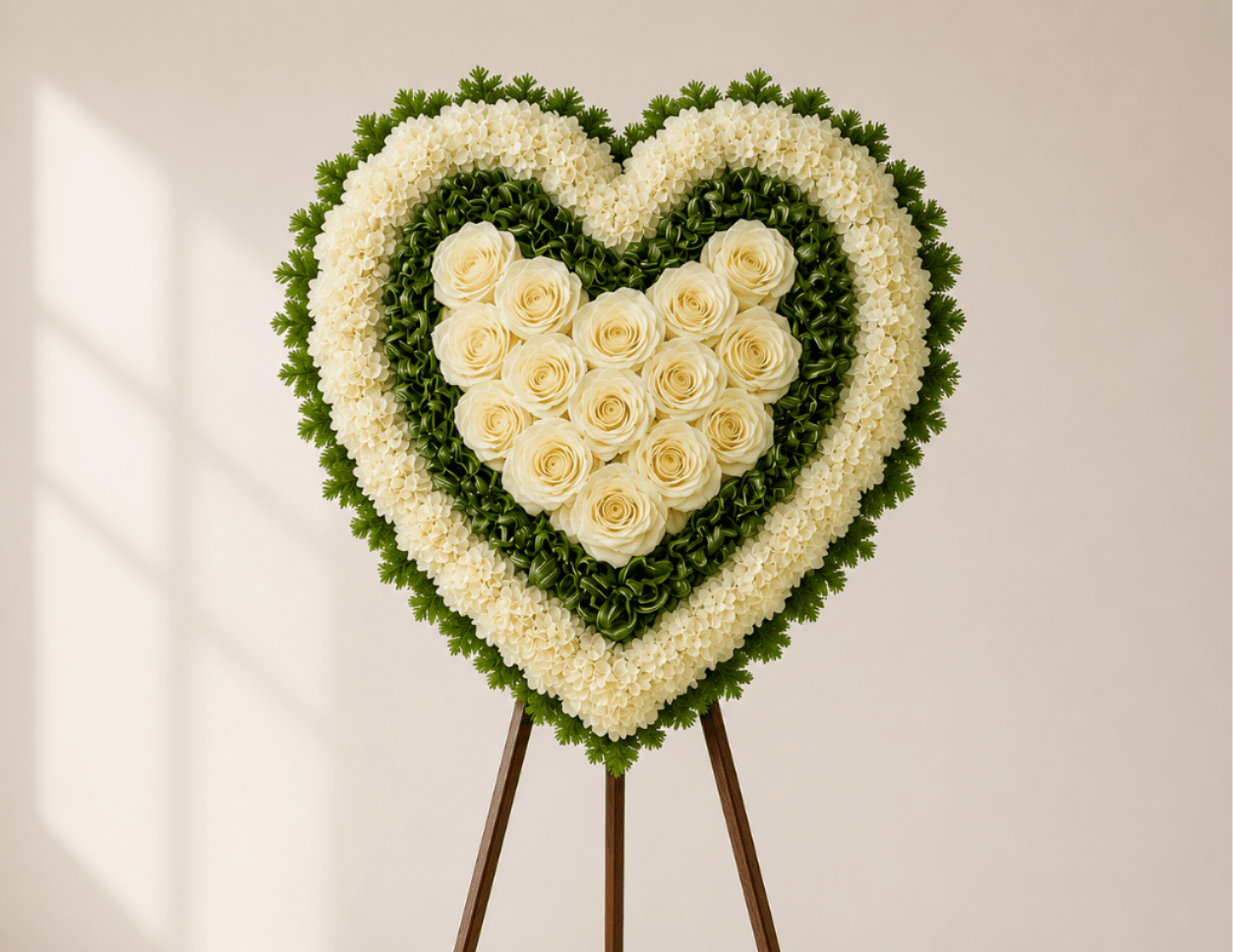 Majestic Heart (White) - Remember a loved one's generous heart with this white arrangement in a classic heart shape, a declaration of eternal love and devotion. Solid white roses matched with deep white hydrangeas are surrounded by variegated greens and fern.