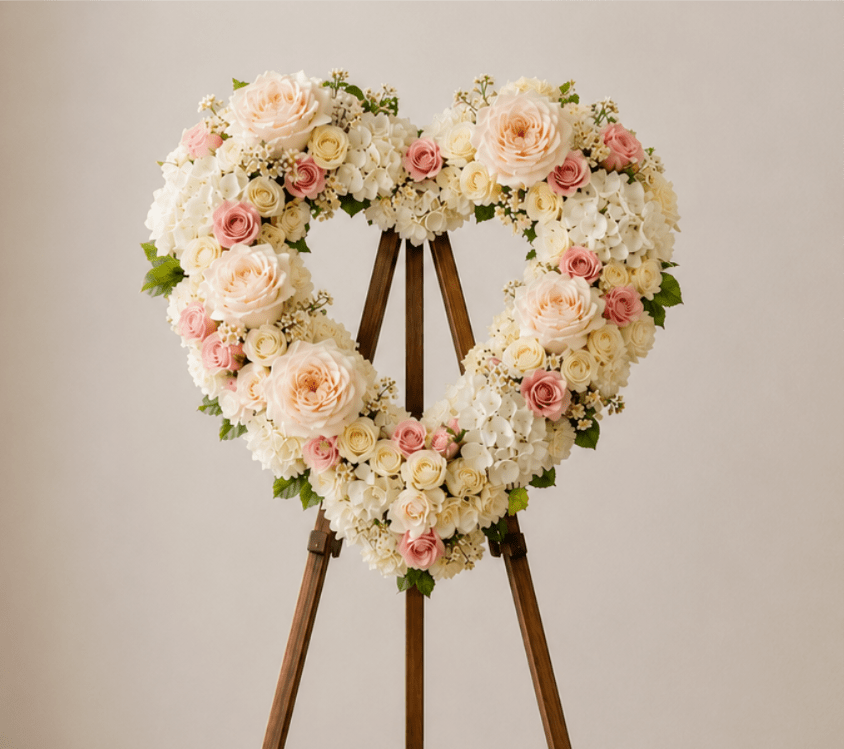 Graceful Tribute Heart Wreath – Elegant Sympathy Flowers Delivery - Honor a cherished life with the Graceful Tribute Heart Wreath, a beautiful expression of love, remembrance, and heartfelt sympathy. Designed in the shape of a heart, this elegant standing wreath features luxurious cream roses, soft blush roses, white hydrangea, and delicate seasonal accents arranged with lush greenery to create a timeless and comforting tribute.  Thoughtfully handcrafted by our designers, this sympathy arrangement offers a meaningful way to celebrate treasured memories and express condolences to family and friends. Its soft, romantic palette brings warmth and serenity to memorial services, celebrations of life, and funeral ceremonies.  The Graceful Tribute Heart Wreath is a graceful symbol of everlasting love and remembrance, making it a touching choice for honoring someone who will always be remembered.  Features:  Heart-shaped standing sympathy wreath Premium cream and blush roses with white hydrangea Elegant garden-inspired design with fresh seasonal accents Suitable for funeral services, memorials, and celebrations of life Handcrafted with care by local florists Same-day flower delivery available throughout Los Angeles and surrounding communities  Express your deepest sympathies with the timeless beauty and gentle elegance of the Graceful Tribute Heart Wreath, a loving tribute created to honor precious memories and celebrate a life well lived.
