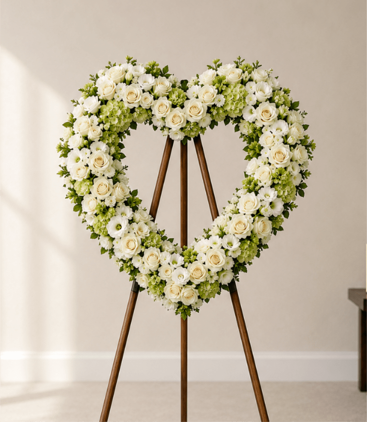 Peaceful Memories Heart  - Honor a cherished life with the timeless beauty of the Peaceful Memories Heart, a graceful sympathy wreath designed to express love, remembrance, and heartfelt condolences. Crafted in the shape of a heart, this elegant tribute features lush ivory roses, soft green hydrangeas, delicate white blooms, and fresh seasonal greenery arranged on a standing easel.  Symbolizing everlasting love and treasured memories, this serene floral heart offers comfort and compassion during times of loss. Its refined palette of creamy whites and gentle greens creates a peaceful and uplifting presence, making it a meaningful expression for funeral services, memorial ceremonies, celebrations of life, or graveside tributes.  Handcrafted with care by our floral designers, the Peaceful Memories Heart is a beautiful way to celebrate a loved one whose memory will forever remain in the hearts of family and friends.  Features: Elegant heart-shaped standing sympathy wreath Premium ivory roses and soft green hydrangeas Accented with delicate white seasonal flowers and fresh greenery Presented on a wooden easel for display at services or memorials Appropriate for funerals, memorial services, and celebrations of life