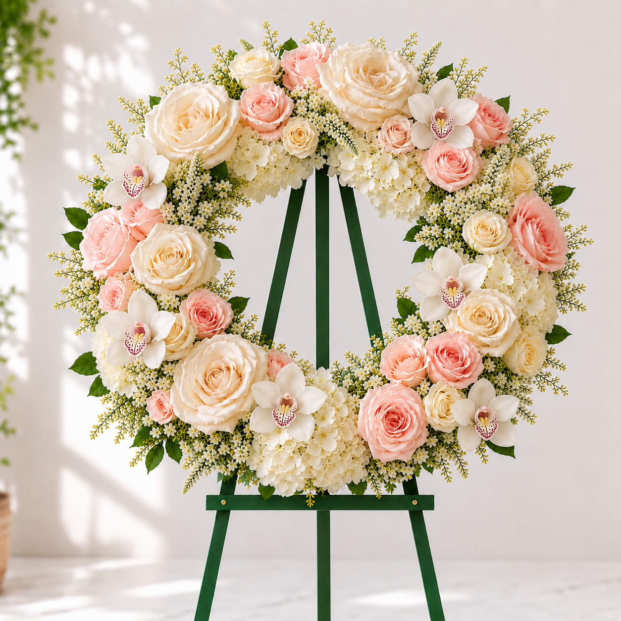 Blush Garden Wreath – Sympathy Flowers &amp;  Delivery - Honor a beautiful life with the timeless elegance of our Blush Garden Wreath. Designed in a soft, garden-inspired style, this graceful sympathy tribute features lush ivory hydrangeas, creamy white roses, delicate blush roses, subtle white veronica, and elegant white cymbidium orchids arranged with fresh greenery for a natural, airy appearance.  Its soothing palette of blush pink and ivory conveys love, remembrance, and heartfelt compassion, making it a meaningful expression of sympathy for funeral services, memorial gatherings, and celebrations of life. The open wreath design symbolizes everlasting love and cherished memories that live on forever.  Handcrafted with care by our floral designers, the Blush Garden Wreath offers a refined and peaceful tribute that brings comfort to family and friends during life's most difficult moments.  Features Garden-style sympathy wreath with a soft and elegant design Premium blush roses, white roses, hydrangeas, and cymbidium orchids Accented with delicate white veronica and seasonal greenery Suitable for funeral services, memorials, and celebrations of life Professionally arranged on a standing easel Same-day sympathy flower delivery available throughout Los Angeles and surrounding communities  Express your love, remembrance, and deepest condolences with the graceful beauty of the Blush Garden Wreath.