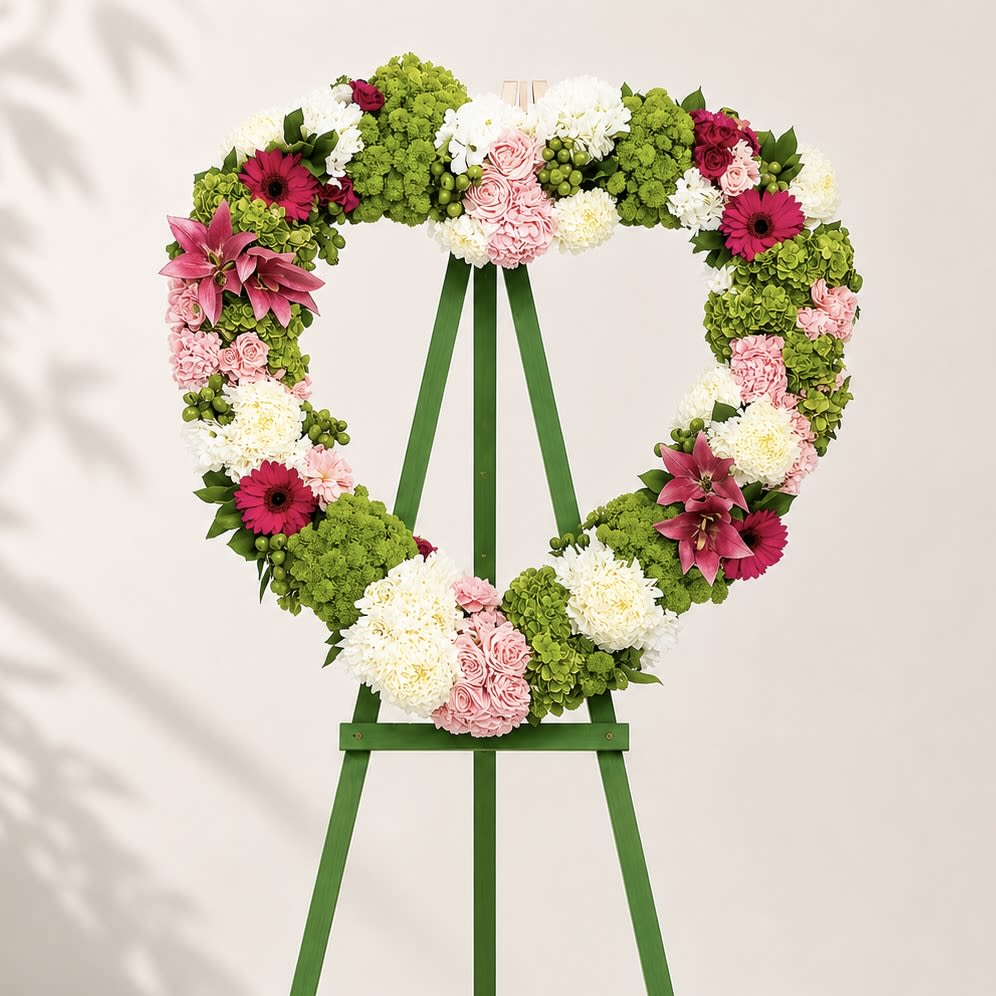 Loving Memory Heart - In times of loss, finding the right way to express our deepest sympathies can be challenging. That's why we've created the Loving Memory Heart, a beautiful and heartfelt tribute to honor and remember your loved ones. This exquisite open heart wreath, delicately adorned with soft pink, pure white, and vibrant green florals, serves as a loving reminder of the beautiful memories shared with those who have departed. 