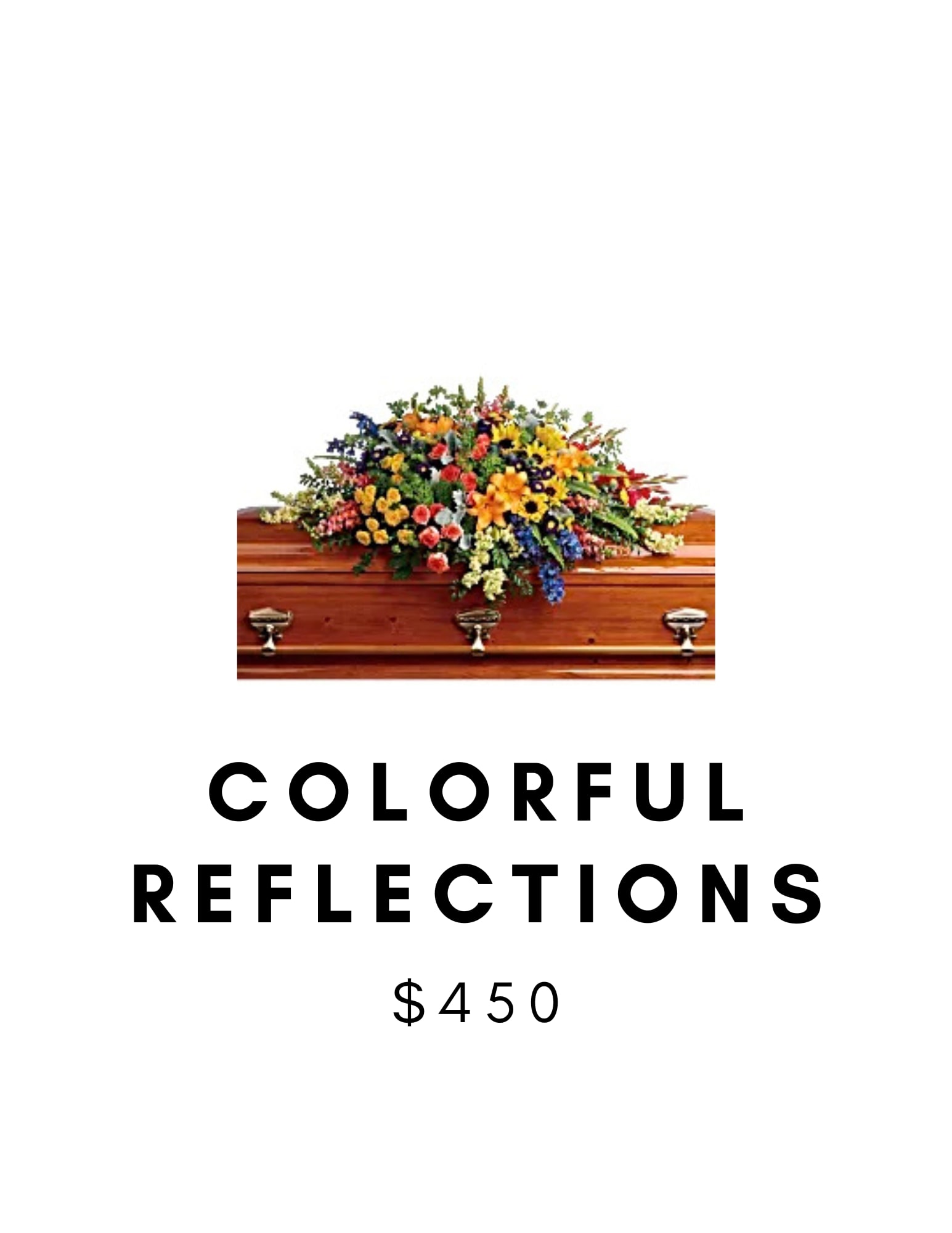 Colorful floral casket spray on a wooden coffin