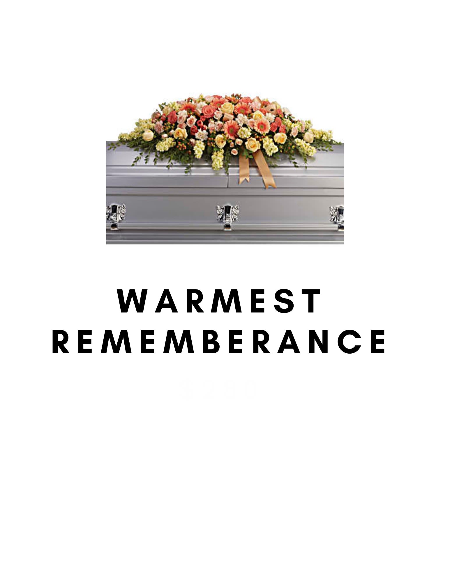 Flower-covered silver casket with a warm-toned spray