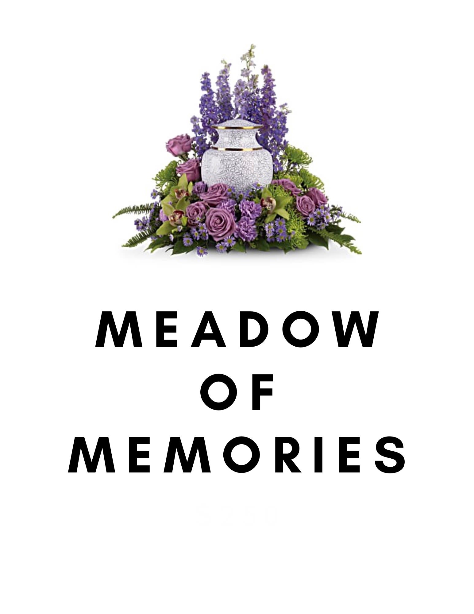 Purple floral arrangement around a white urn with "Meadow of Memories" text below