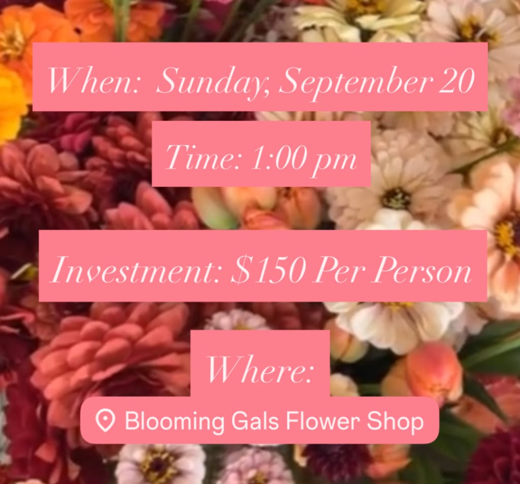 Pink text boxes over a blurred floral background with mixed blooms