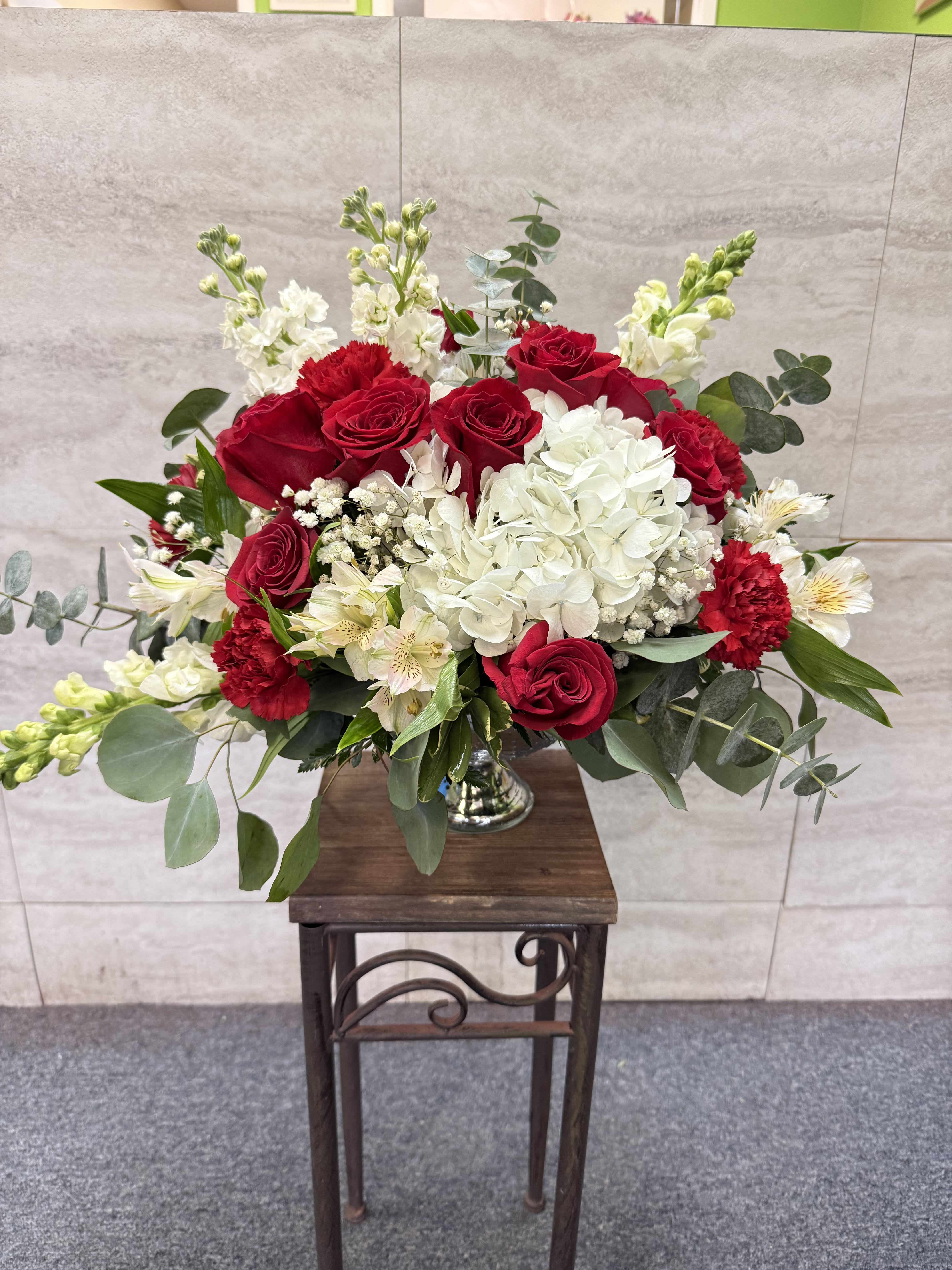 Sparkle night - (ONE-SIDED) Red and white roses, hydrangea, carnations and alstroemeria with lush greenery - a romantic, elegant arrangement perfect for anniversaries, Christmas, Mother's Day or holiday celebrations. 