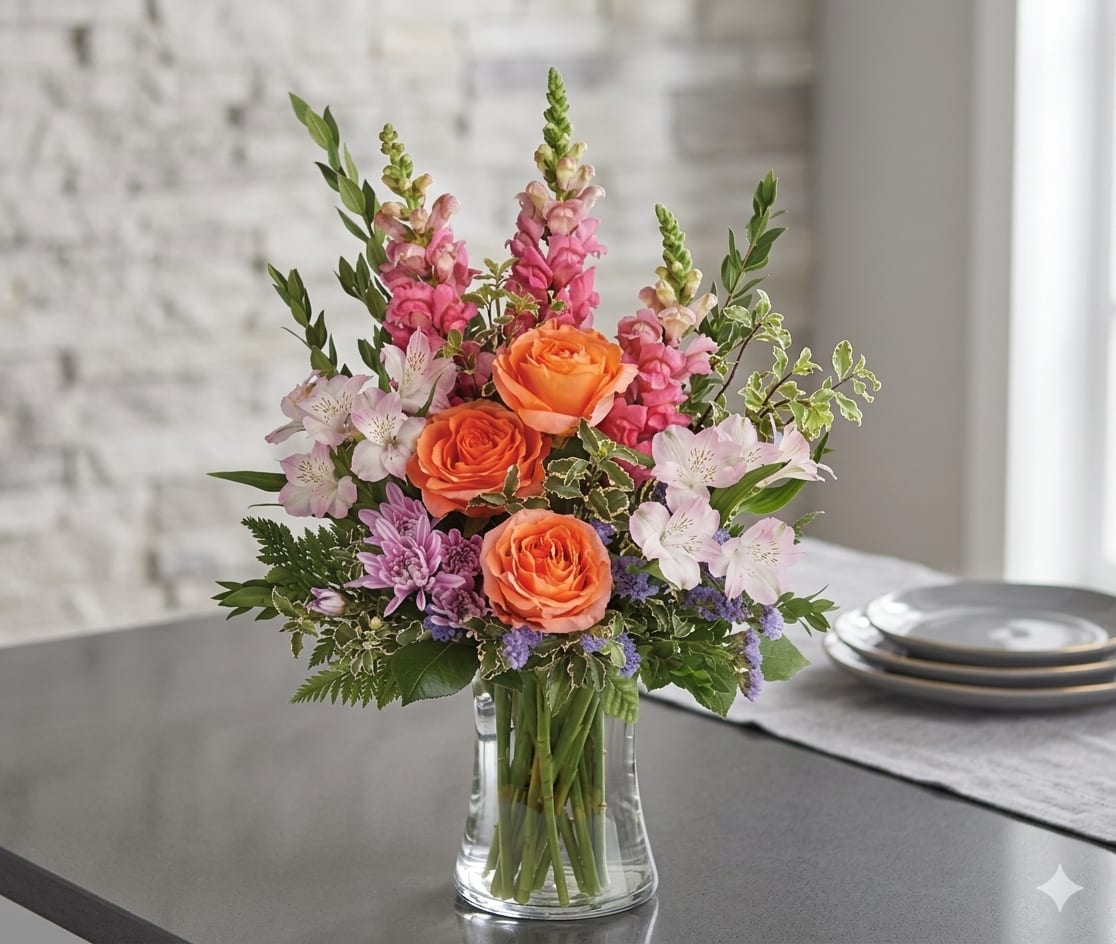 Garden Grace - (ONE-SIDED) Orange roses with pink snapdragons, pale alstroemeria and lavender chrysanthemum in a clear glass vase-fresh, garden-style mix of pink, orange, purple and white for bright, cheerful gifting.
