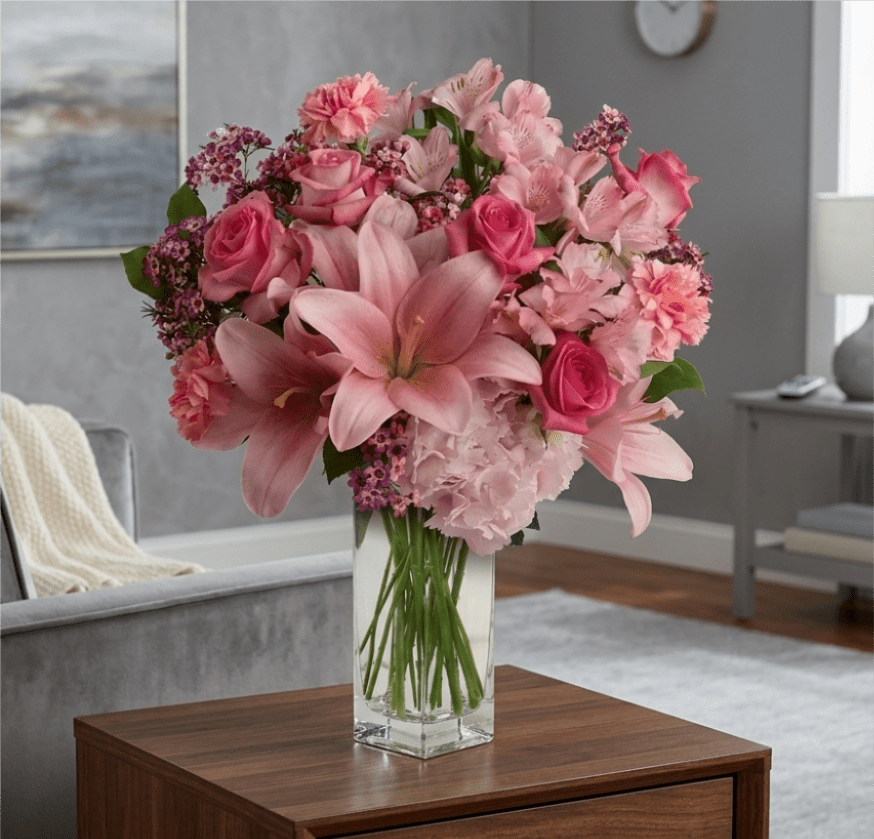 Country picnic bouquet  - (ONE-SIDED) A soft, pastel floral arrangement featuring blush hydrangeas, pale pink roses, pink lilies, alstroemeria, and delicate pink statice, accented with fresh green foliage in a clear glass vase. 