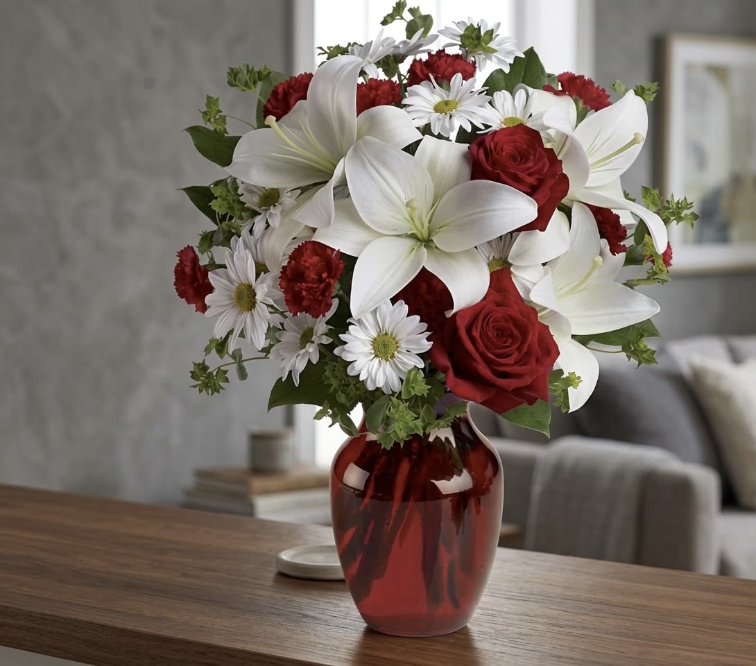 Be My Love  -  Perfect for any occasion, this stunning arrangement blends soft white lilies, classic red roses, and crisp white blooms, all accented with lush greenery. Designed in a rich red glass vase, Be My Love delivers a beautiful balance of romance, warmth, and elegance. Whether you’re celebrating love, sending well wishes, or simply brightening someone’s day, this bouquet makes a heartfelt statement every time. 