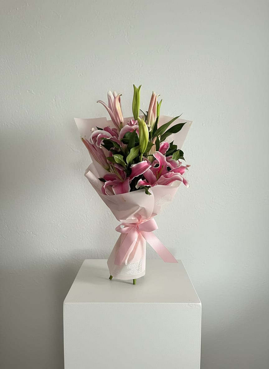 Stargazing with You - Soft pink lilies open like gentle stars-this pink and white lily bouquet is a romantic birthday bouquet or anniversary flowers that makes the person you're thinking of feel truly seen. The upright, compact arrangement reads as freshly delivered: open blooms catch the eye while a few unopened buds promise more to come, perfect for celebrating a new season in a relationship or saying "I'm thinking of you" with quiet elegance.  Clusters of pale pink lilies are paired with crisp white highlights and fresh green foliage, wrapped in pale blush decorative paper and finished with a pink satin ribbon for a refined, feminine presentation. The compact size makes it easy to place on a bedside table or small entryway console; the mix of open flowers and buds extends the visual life of the bouquet so the recipient enjoys changing looks over several days.  Ideal for anniversaries, birthdays, or a tender congratulations, this arrangement sends a message of affection and warmth. Care is simple: keep stems in fresh water, recut tips before placing, and refresh the water every other day to prolong bloom life.
