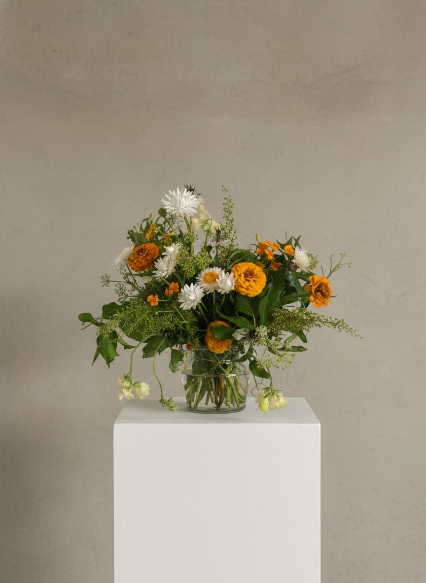 Gaia - Sustainable and Local (Designer's Choice) - A fresh, garden-picked bouquet with a seasonal autumn leaning, perfect as an everyday flower arrangement or a warm gift for a birthday or to say "thinking of you." The loose, airy design pairs orange and white blooms with abundant green foliage and soft yellow highlights, giving the recipient an immediate feeling of warmth and light-hearted cheer. Its casual, natural silhouette makes it equally right for a kitchen table, a bedside, or brightening an office.  The composition includes daisy-like blooms and fuller chrysanthemum forms arranged with delicate branching accents for texture and movement. Colors range from bright orange and sunny yellow to crisp white set against lush greenery, all presented in a clear glass vase that lets the stems and overall shape show through. The look feels intentionally local and sustainable-simple materials, seasonal flowers, and an unstructured, hand-gathered aesthetic.  Made to feel effortlessly welcoming, this arrangement is the kind of gift that makes someone feel genuinely seen and cared for-ideal for a friend, colleague, or loved one celebrating a small milestone or needing a cheerful lift. Vase included; swap water every 2-3 days, recut stems slightly on arrival for best longevity.