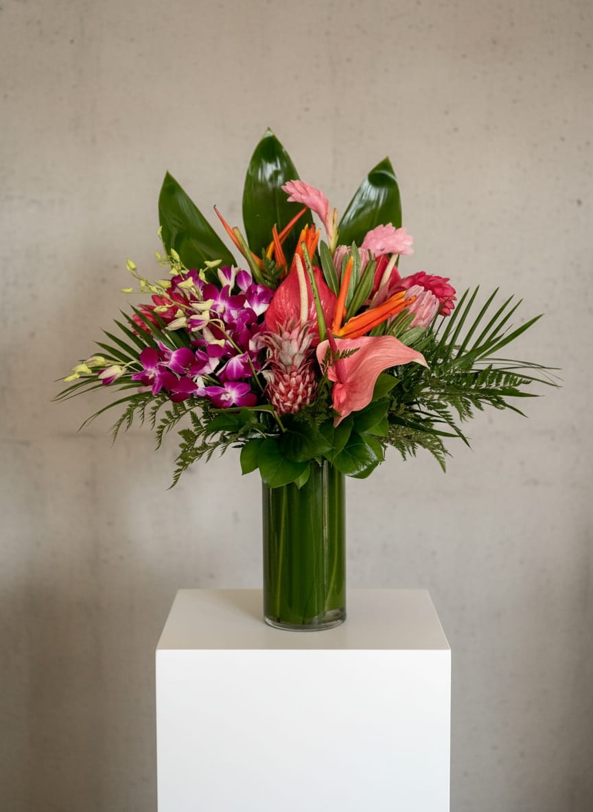 Tropical "Princess Moana"  - Bright, exotic color and lush texture make this tropical arrangement a show-stopping pick for birthdays, anniversaries, housewarmings, or a vibrant Father's Day surprise. This tall tropical flower arrangement reads celebratory and sophisticated-perfect for someone who loves bold pinks, purples, oranges, and glossy green foliage-and it also works beautifully as a congratulations, get-well, or "just because" gift.  This composition features dendrobium orchids and other tropical orchids in vivid pinks and purples, pink anthurium and calla lily accents, orange tropical blooms (including bird-of-paradise style highlights), and broad glossy leaves and palm fronds for layered, architectural texture. Two presentation options: a compact, cylindrical green glass vase with tall foliage rising behind the dense floral base, or a tall clear glass vase that shows the green stems for a fresher, modern look. Pieces may include striking focal elements such as a decorative pineapple accent to heighten the playful, upscale tropical vibe.  Designed to make the recipient feel celebrated and seen, this arrangement works across seasons-from summer parties and graduation gifts to autumn holidays like Thanksgiving or a warm holiday centerpiece-without feeling out of place. Sized to command attention (over two feet tall in taller formats), refresh stems daily and keep away from direct heat for best longevity; order early for holiday and special-event delivery.