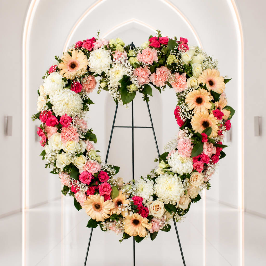 Heart-shaped floral wreath on a metal stand with pink, white, and peach blooms