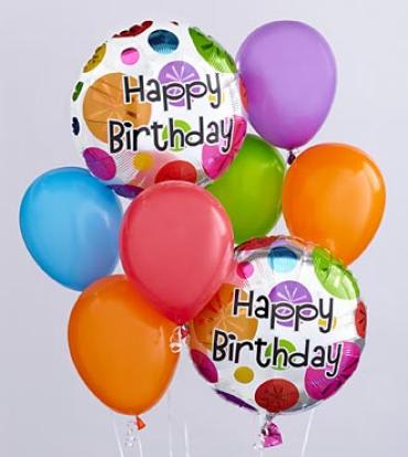 Birthday balloons in bright colors with two "Happy Birthday" balloons