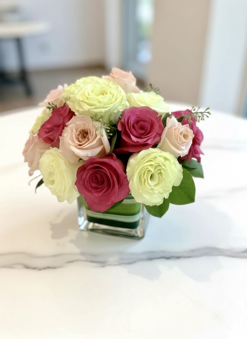Pink and pale yellow roses arranged in a square glass vase