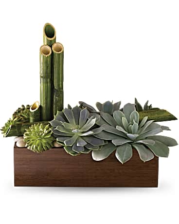 Succulent arrangement in a rectangular wooden planter with bamboo accents