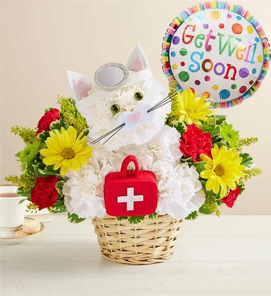 White cat-shaped flower basket with a Get Well Soon balloon