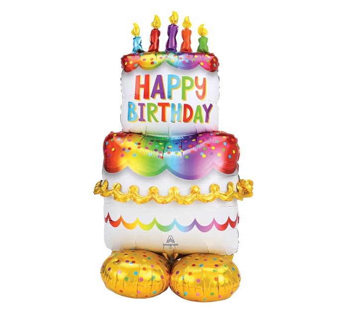 Stacked birthday balloons shaped like a cake with colorful candles