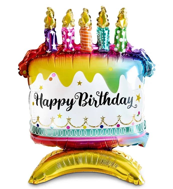 Birthday cake-shaped foil balloon with candles and "Happy Birthday" text