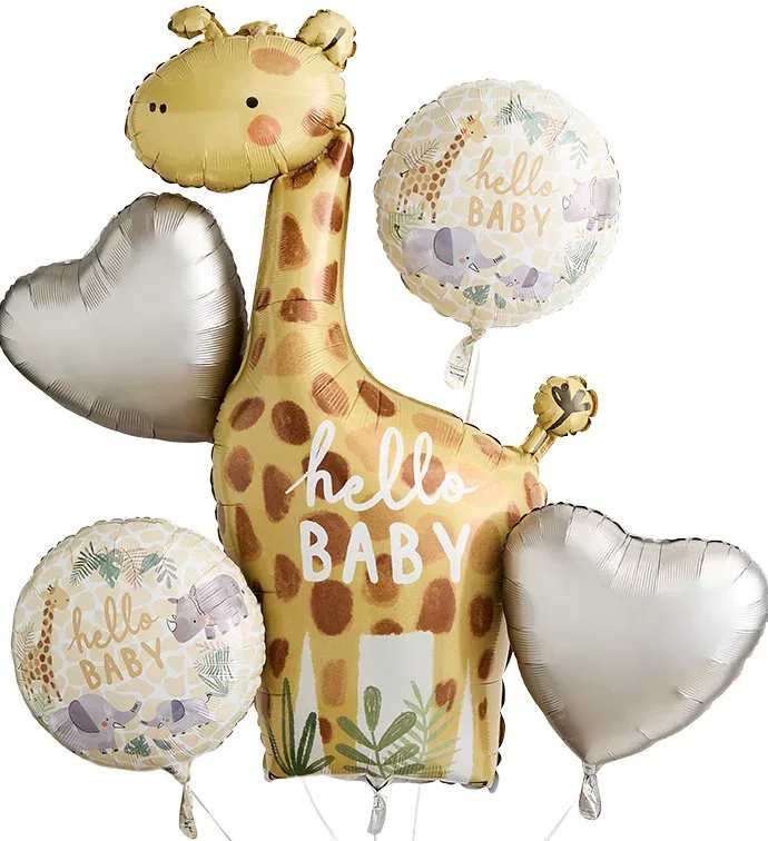Giraffe-shaped baby shower balloon with heart and round balloons
